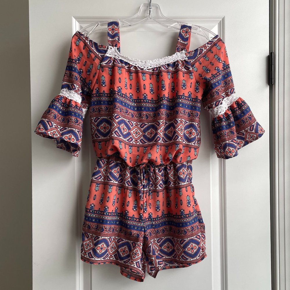 My Michelle Girl's coral dressy shorts romper L